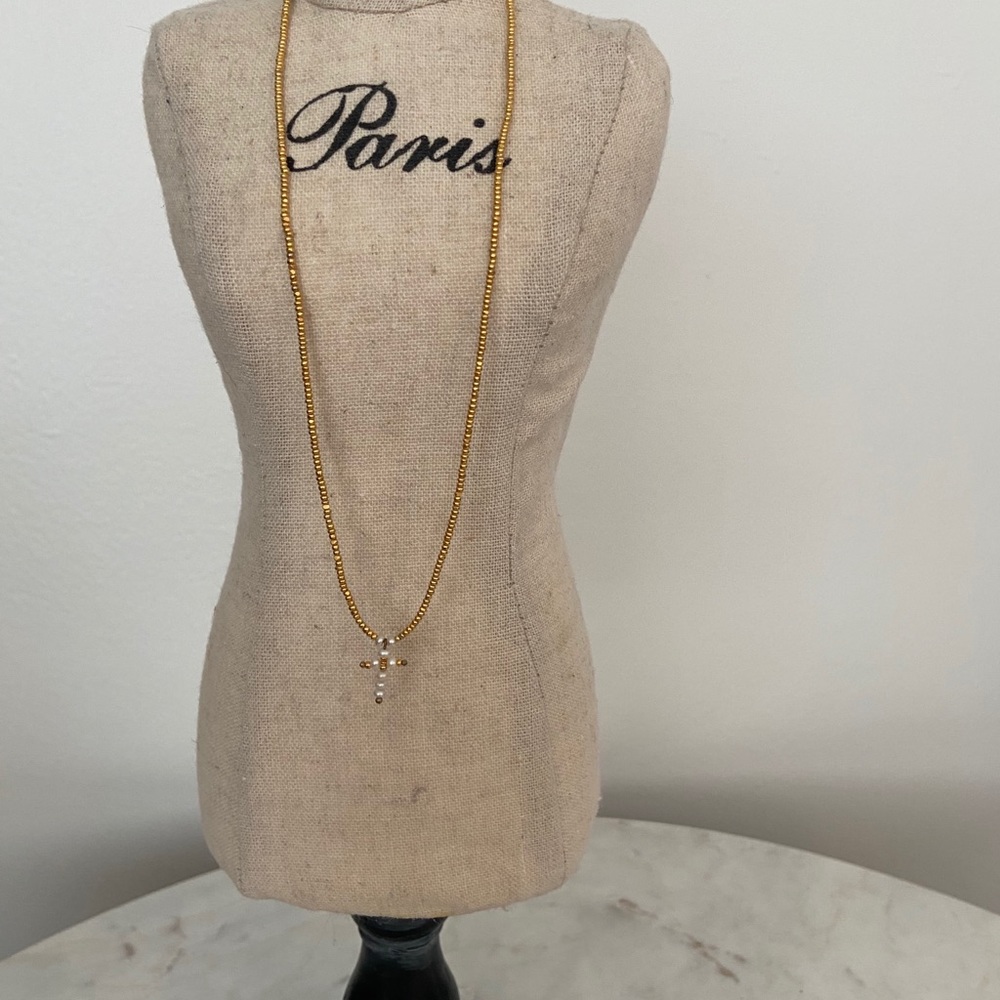 Dainty Gold and Pearl Cross Necklace